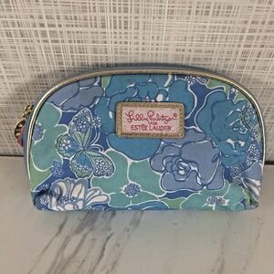Lilly Pulitzer for Estée Lauder Women Blue Floral Zip Pouch Makeup Case Bag BxNN